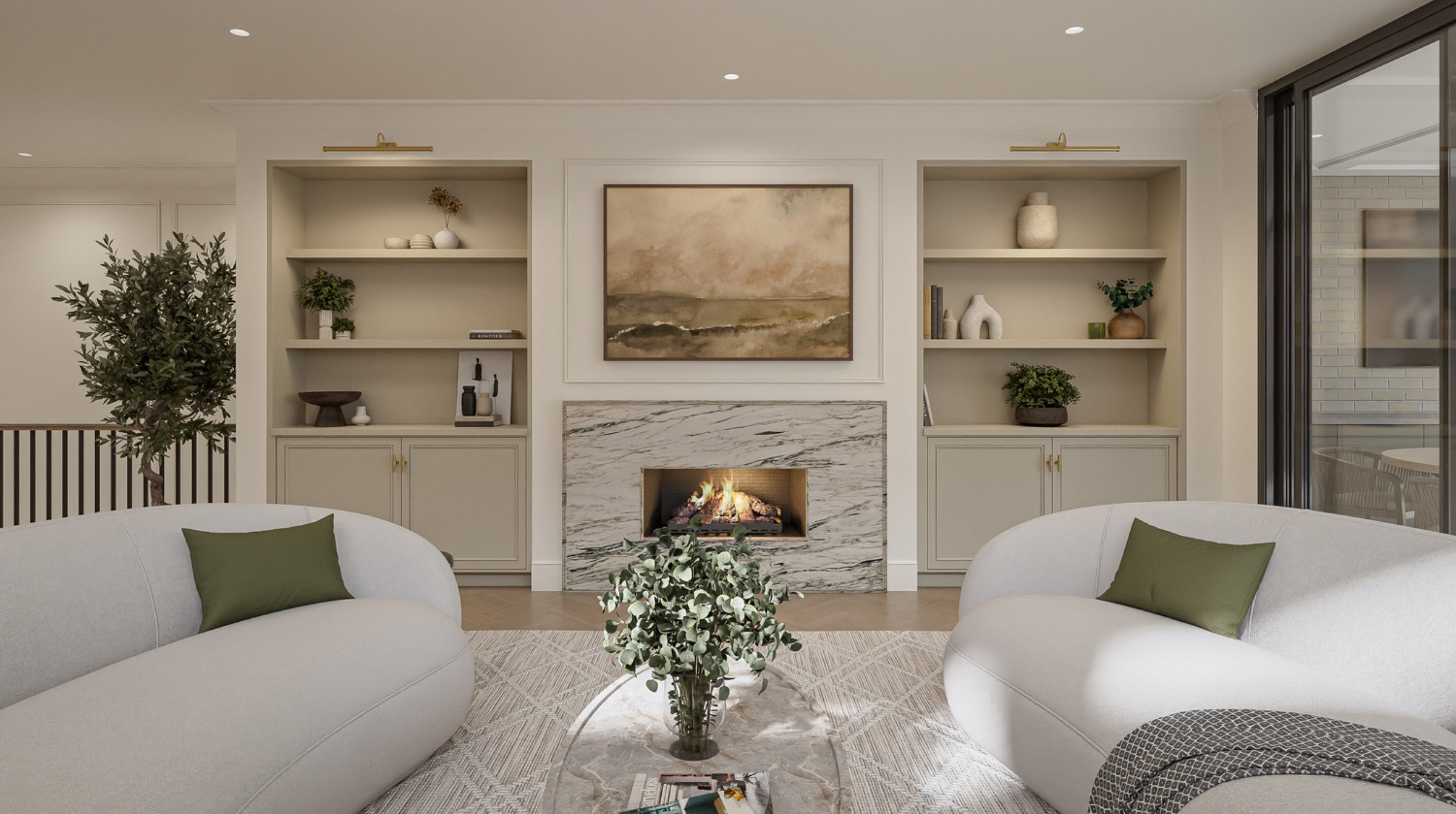 Cast stone mantel with built-ins (rendering)
