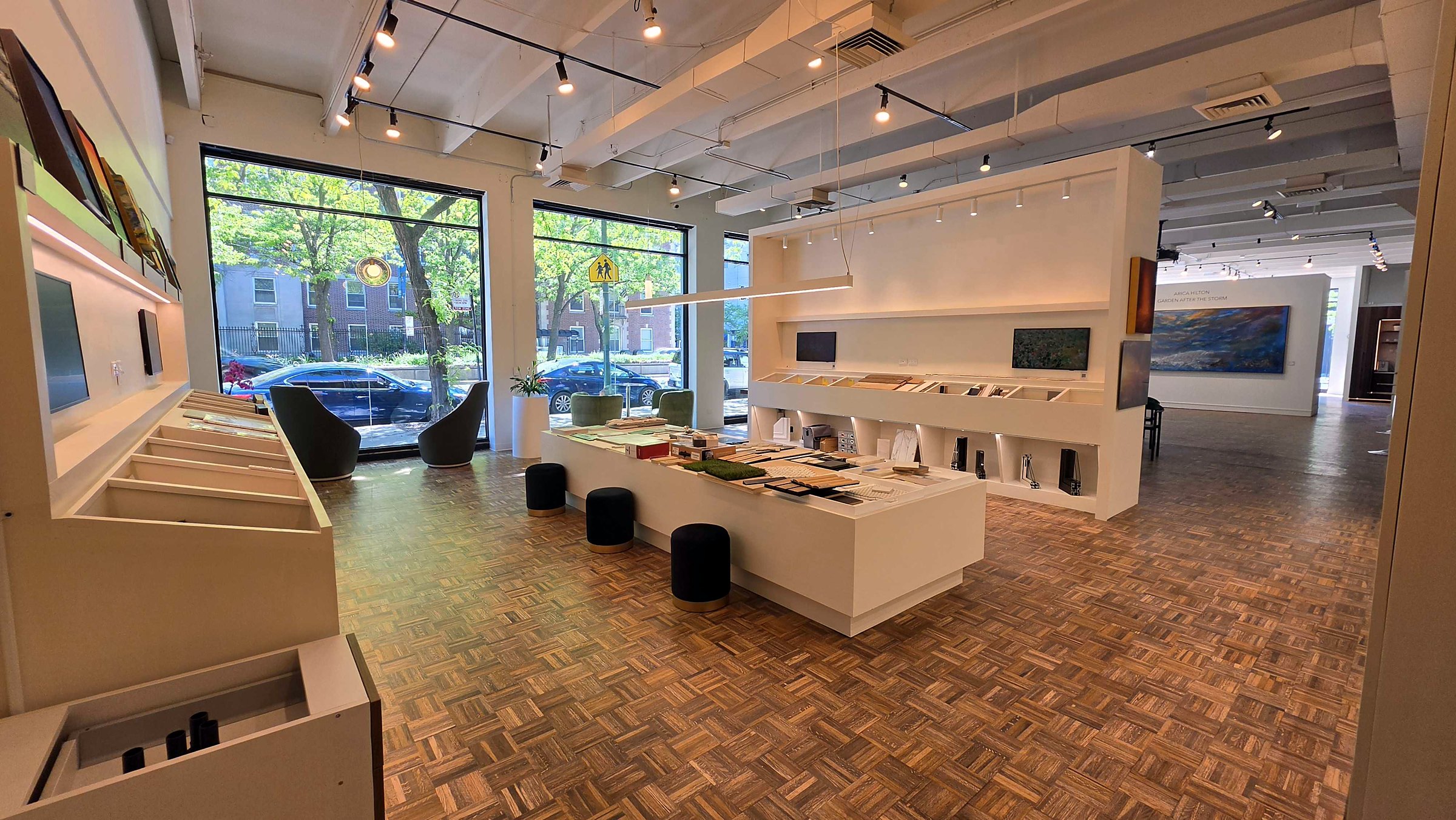 Material samples laid out on display tables